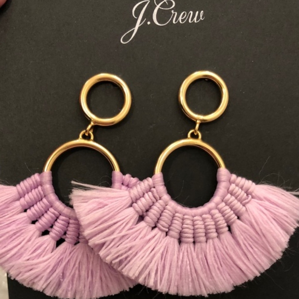 NWT! J. Crew Tassel Fan Earrings, Lilac Light Pink Colorway